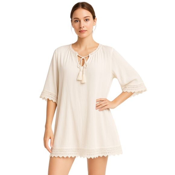 New CUPSHE Small White Swimsuit Tie Cover-up V-Neck Short Sleeve Lace Scalloped - Picture 1 of 14